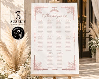 May include: A white wedding seating chart sign featuring rose gold decorative borders, a crown icon, and the text Please find your seat. The layout includes ten tables with columns for guest names, displayed on a wooden easel stand.