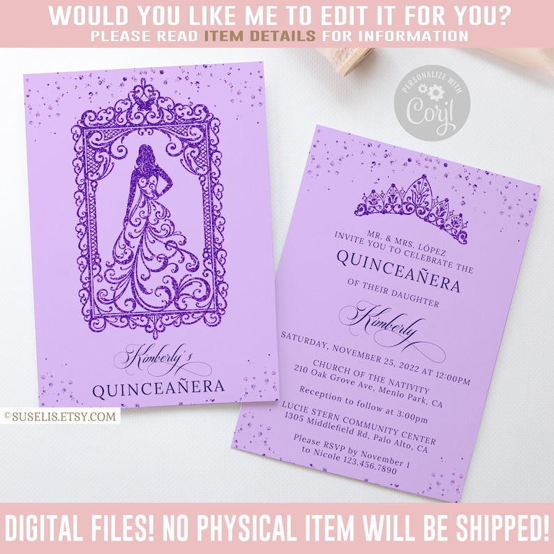 EDITABLE Purple Quinceanera Invitation Front and Back Etsy