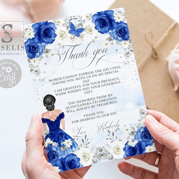 Editable Thank you Card Template, Royal Blue Flowers, Butterfly, Quinceañera, Sweet Sixteen, Printable, Instant Download, SU016