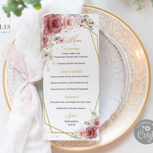 EDITABLE Menu Template, Quinceanera Sweet 16, Blush Red Flowers, Gold, Mis Quince, 15th Birthday, Printable, Instant Download, QU052