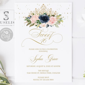 EDITABLE Template Navy Blue Blush Sweet 16 Invitation, Sweet Sixteen Invite, 16th Birthday, Printable, Instant Download, DIGITAL, SW16014