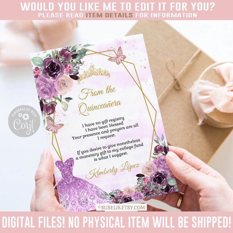 Editable Registry Card, Purple Floral, Gift Registry, Butterfly, Mis Quince Anos, 15th Birthday, Corjl Template, Instant Download, QU054D image 1