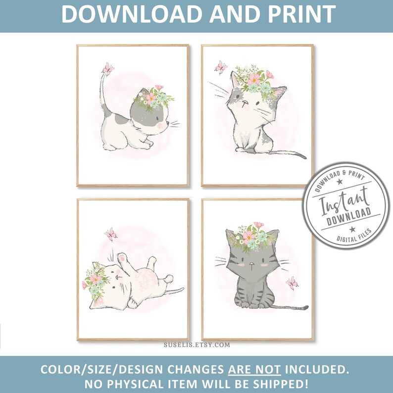 https://www.etsy.com/de/listing/621666604/printable-garderobe-katzen-drucke, Illustration, 4er Set, Tierschilder, Aquarell Kätzchen Schmetterling Blumen, Mädchen Poster, Geschenk Kinder, Wandkunst, DIGITAL Bild 1