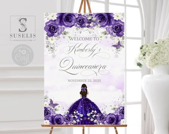 EDITABLE Quinceañera Welcome Sign Template, Dark Purple Flowers, Birthday, Sweet 16, Signage, Mis Quince, Printable, Instant Download QU136