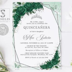 EDITABLE Quinceanera Invitation & Back Template, Emerald Green Flowers, Butterfly, Sweet 16, 15th Birthday, Printable Instant Download QU197