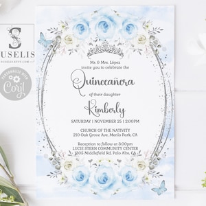 EDITABLE Quinceanera Invitation Template, Baby Blue Flowers, Silver Glitter, 15th Birthday, Sweet 16, Printable, Instant Download, QU166