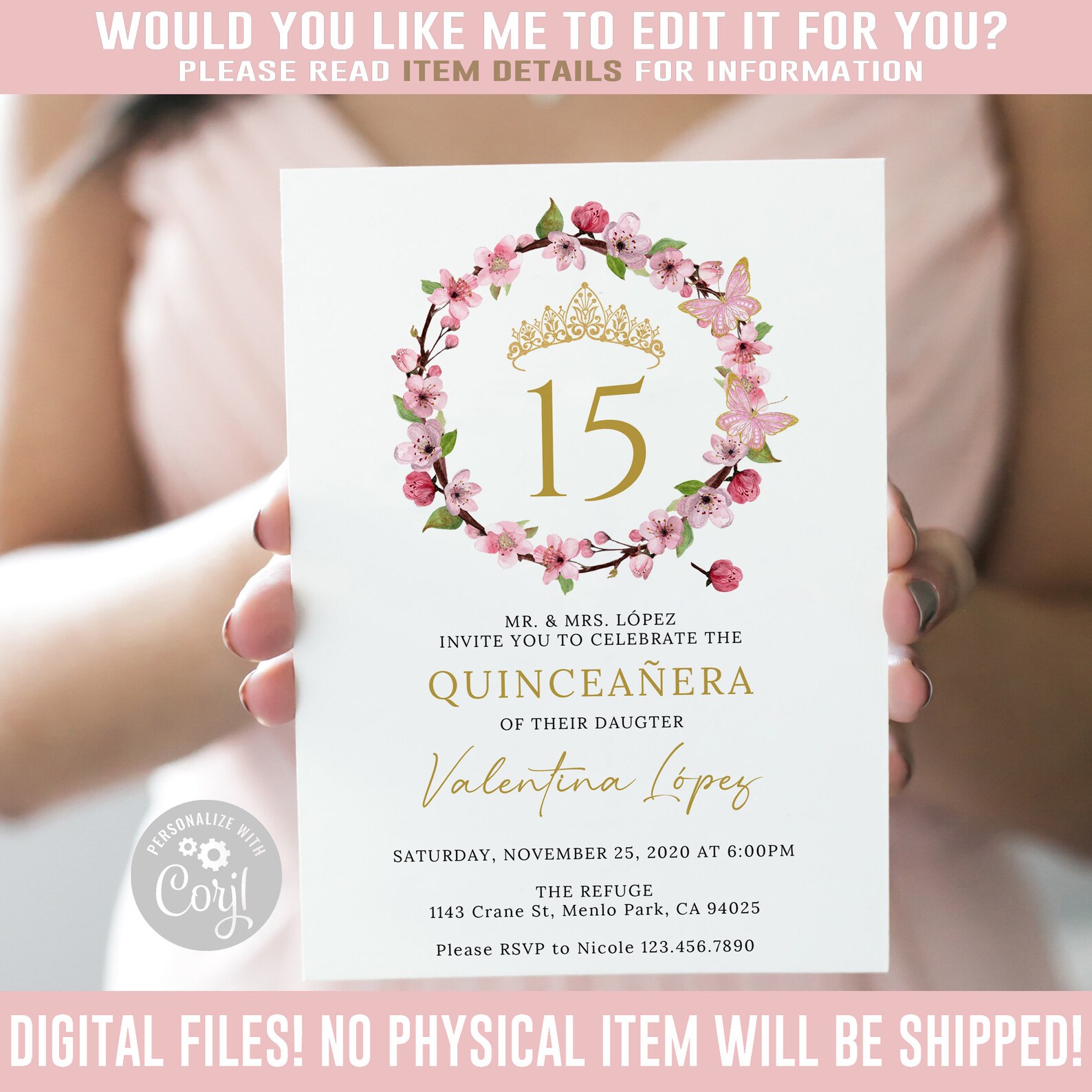 EDITABLE Cherry Blossom Quinceanera Invitation Blush Pink Mis Etsy