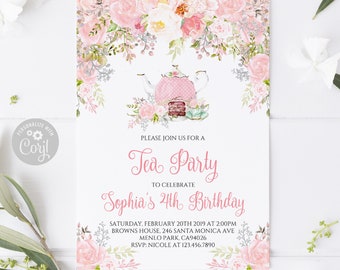 EDITABLE Tea Party Birthday Invitation, Corjl Template, Watercolor Brewing Tea Invite, Instant Download Tea Party Theme Digital file, 10-107