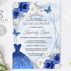 EDITABLE Quinceanera Invitation & Back Template, Blue Flowers Butterfly, Mis Quince, Sweet Sixteen, Printable, Instant Download, QU054C