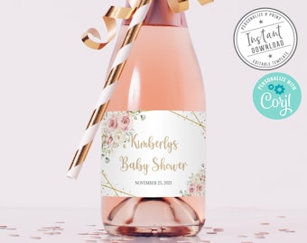 EDITABLE Baby Shower Mini Wine Or Champagne Bottle Labels, Corjl Template, Instant Download, Blush Pink Floral, DIGITAL, BS251