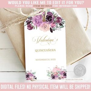 Editable Quinceanera Favor Tag, Purple Lavender, Gift tag, Mis Quince Anos 15th Birthday, Butterfly, Corjl Template, Instant Download, QU099