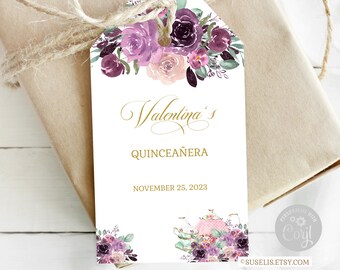 Editable Quinceanera Favor Tag, Purple Lavender, Gift tag, Mis Quince Anos 15th Birthday, Butterfly, Corjl Template, Instant Download, QU099