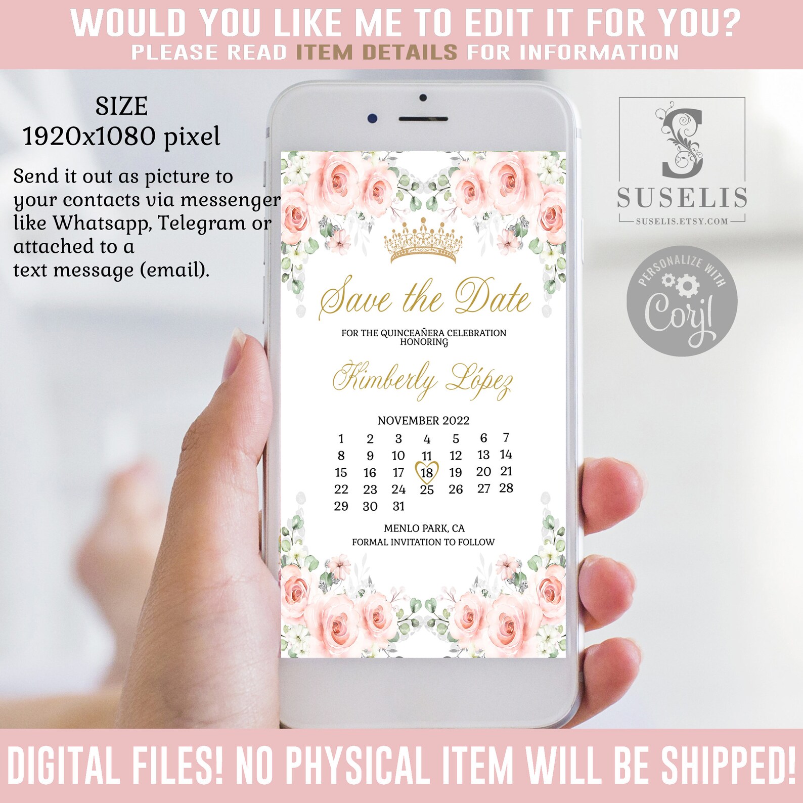 Editable Save the Date Calendar Evite Text Invite Blush Pink Etsy