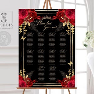 Bewerkbare plattegrond voor zitplaatsen, tafelindeling, gouden en robijnrode bloemen, Sweet Sixteen poster, kweepeer, Sweet Sixteen, direct te downloaden en af ​​te drukken QU140