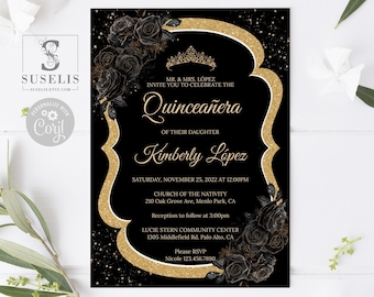 May include: A black and gold Quinceañera invitation card featuring a gold glitter border, a gold tiara graphic, and black rose illustrations. The text includes details for Kimberly López, Saturday, November 25, 2022, at 12:00PM, Church of the Nativity, and the reception at Lucie Stern Community Center.