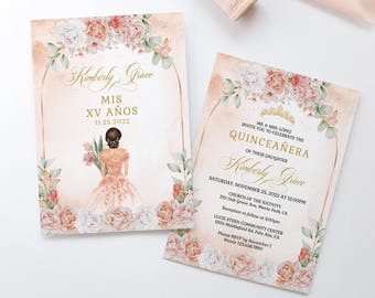 May include: Two rectangular invitation cards featuring watercolor floral arrangements in peach and white tones. One card displays a girl in a gown with the text Kimberly Grace MIS XV AÑOS 11.25.2022. The other card includes event details.
