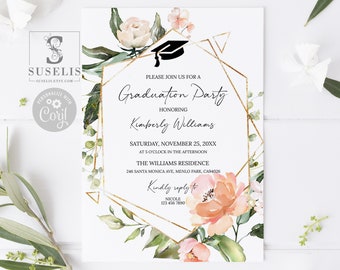 EDITABLE Template Graduation Party Invitation, Blush Pink Flowers, Invite, Announcement, Instant Download, Digital, Printable, GR005