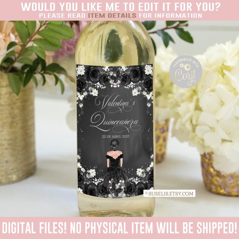 EDITABLE Quinceañera Wine Bottle Labels Corjl Template Black Etsy
