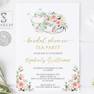 EDITABLE Bridal Shower Tea Party Invitation, Blush Pink Flower, High Tea Invite, Printable, Corjl Template, Instant download, WS098