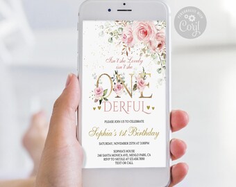 Editable Blush Pink Floral 1st Birthday Evite Invitation 10-206
