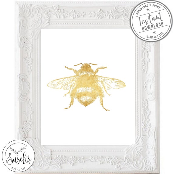 Insect Art DIGITAL FILES Printable Gold BumbleBee Print Bee Illustration Gold White BumbleBee sign Vintage BumbleBee Drawing Nature Print
