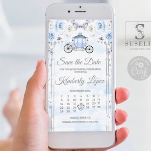 Editable Princess Save the Date Evite Template, Blue Flowers, Quinceañera, Text, Electronic, SMS, Email, Smartphone, Instant download, QU120