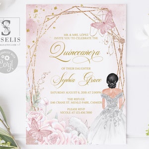 EDITABLE Quinceanera Invitation & Back Template, Gold White Pink Flowers, Mis Quince, Sweet 16, Printable, Instant Download, QU069