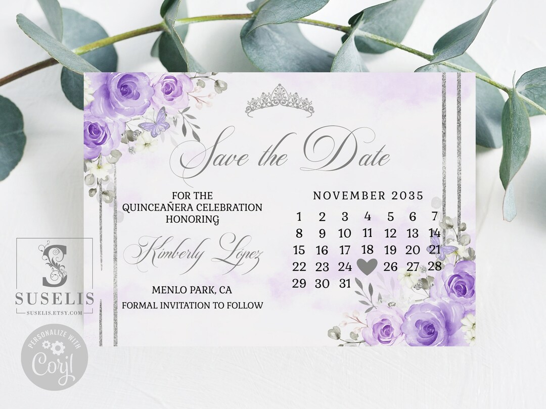 Editable Calendar Save the Date Template, Purple Lavender Flowers