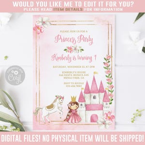 EDITABLE Princess Birthday Invitation, Corjl Template, Gold Princess Castle Invite, Instant Download, Diy, Printable card, Digital, 10-224