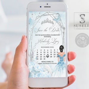 Editable Save the Date Template, Baby Blue Flowers, Text Invite, Quinceañera, Sweet 16, Evite, SMS Email, Printable Instant download, QU069C