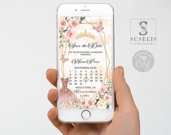 Editable Calendar Save the Date Evite Template, Blush Pink Flowers, Quinceañera, Text, SMS, Email, Smartphone, Instant download, QU054B