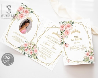 EDITABLE Bi-Folded Quinceanera Invitation Template, Blush Pink Flowers, Mis Quince, Sweet Sixteen, Sweet 16, Instant Digital Download, QU051