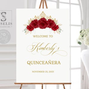 EDITABLE Quinceañera Welcome Sign Template, Ruby Red Flowers, Birthday, Sweet Sixteen, Poster, Signage, Wedding, Instant Download, QU091