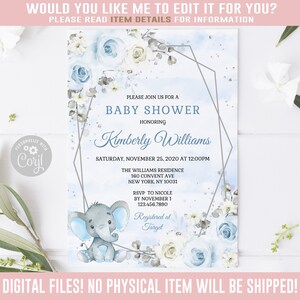 EDITABLE Elephant Baby Shower Invitation, Baby Boy, Corjl Template, Shower Invite, Dusty Blue Flowers, Instant Download, Printable, BS242