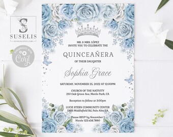 EDITABLE Quinceanera Invitation Template, Baby Blue Flowers, Sweet 16, 15th Birthday, Paperless Post, Printable, Instant Download, QU181