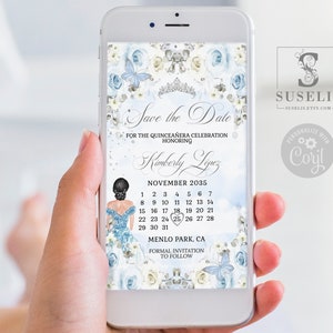 Editable Save the Date Template, Baby Blue Flowers, Text Invite, Quinceañera, Sweet 16, Evite, SMS Email, Printable Instant download, QU084H
