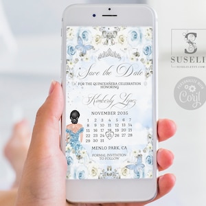 Editable Save the Date Template, Baby Blue Flowers, Text Invite, Quinceañera, Sweet 16, Evite, SMS Email, Printable Instant download, QU084H