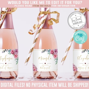 EDITABLE, Will You Be My Bridesmaid Mini Wine Or Champagne Bottle Labels, Pink Floral Proposal Corjl Template, Instant Download DIGITAL WL08