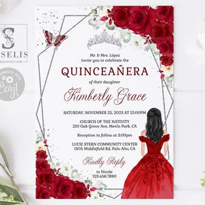 EDITABLE Ruby Red Roses, Quinceanera Invitation & Back Template, Butterfly, Sweet 16, 15th Birthday, Printable, Instant Download, QU193
