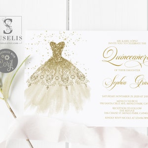 EDITABLE Quinceanera Invitation Template, Gold Glitter, Sweet Sixteen, Mis Quince Anos, 15th Birthday, Printable, Instant Download, QU008