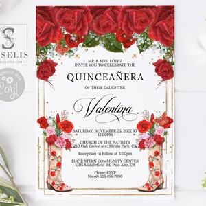 EDITABLE Western Quinceanera Invitation and Back Template, Red Roses, Rustic, Mis Quince, Sweet 16, Printable, Instant Download QU080