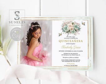 Editable Sage Green Quinceañera Photo Invitation, Floral QU211