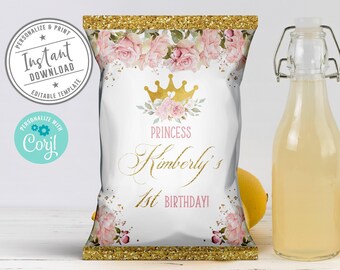 May include: A rectangular chip bag wrapper template featuring a gold glitter border, pink roses, and a gold crown graphic. The text reads Princess Kimberly's 1st BIRTHDAY! Includes circular badges stating Personalize & Print Instant Download and Personalize with Corjl.