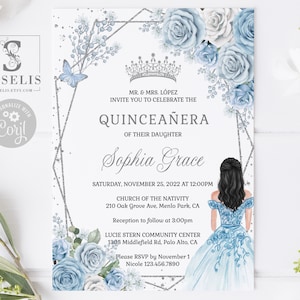 EDITABLE Template Quinceanera Invitation & Back, Baby Blue Flowers, Butterflies, Court of Honor, Sweet 16, Printable Instant Download, QU181