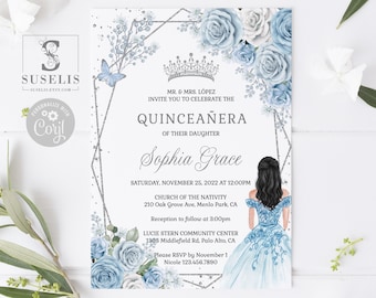 EDITABLE Template Quinceanera Invitation & Back, Baby Blue Flowers, Butterflies, Court of Honor, Sweet 16, Printable Instant Download, QU181