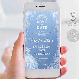 Editable Winter Save the Date Evite Template, Text Invite, Blue White Snowflakes, Mis Quince, 15th Birthday, Instant Download, QU161