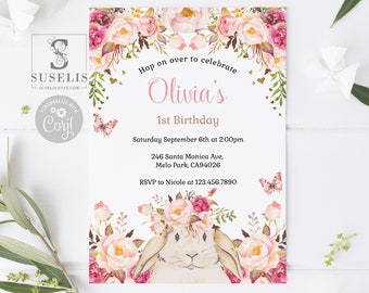 EDITABLE Template Some Bunny Birthday Invitation, Blush Pink Flowers, Rabbit, Party Invite, Instant Download, Printable, Digital, 10-001