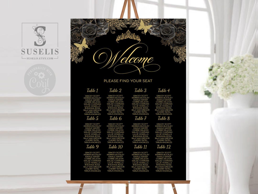 EDITABLE Seating Chart, Table Plan, Watercolor Black Gold Flowers, Edit ...
