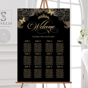 EDITABLE Seating Chart, Table Plan, Watercolor Black Gold Flowers, Edit Yourself, Printable Corjl Template, Instant download, QU121C