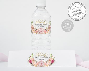 EDITABLE Tea Party Water bottle Labels, Any Event, Floral, Corjl Template, Blush Flowers, Instant Download, Printable Digital Files WS084